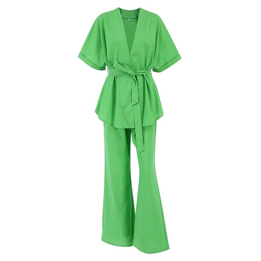 QWEEK Cotton Trouser Suits Short Sleeve Women's Pajamas Two Piece Belt Design Basic&Casual Loungewear Summer Home Clothes