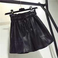 high waist shorts women pockets pu short pants fashion four seasons casual solid black leather shorts for women laced up shorts