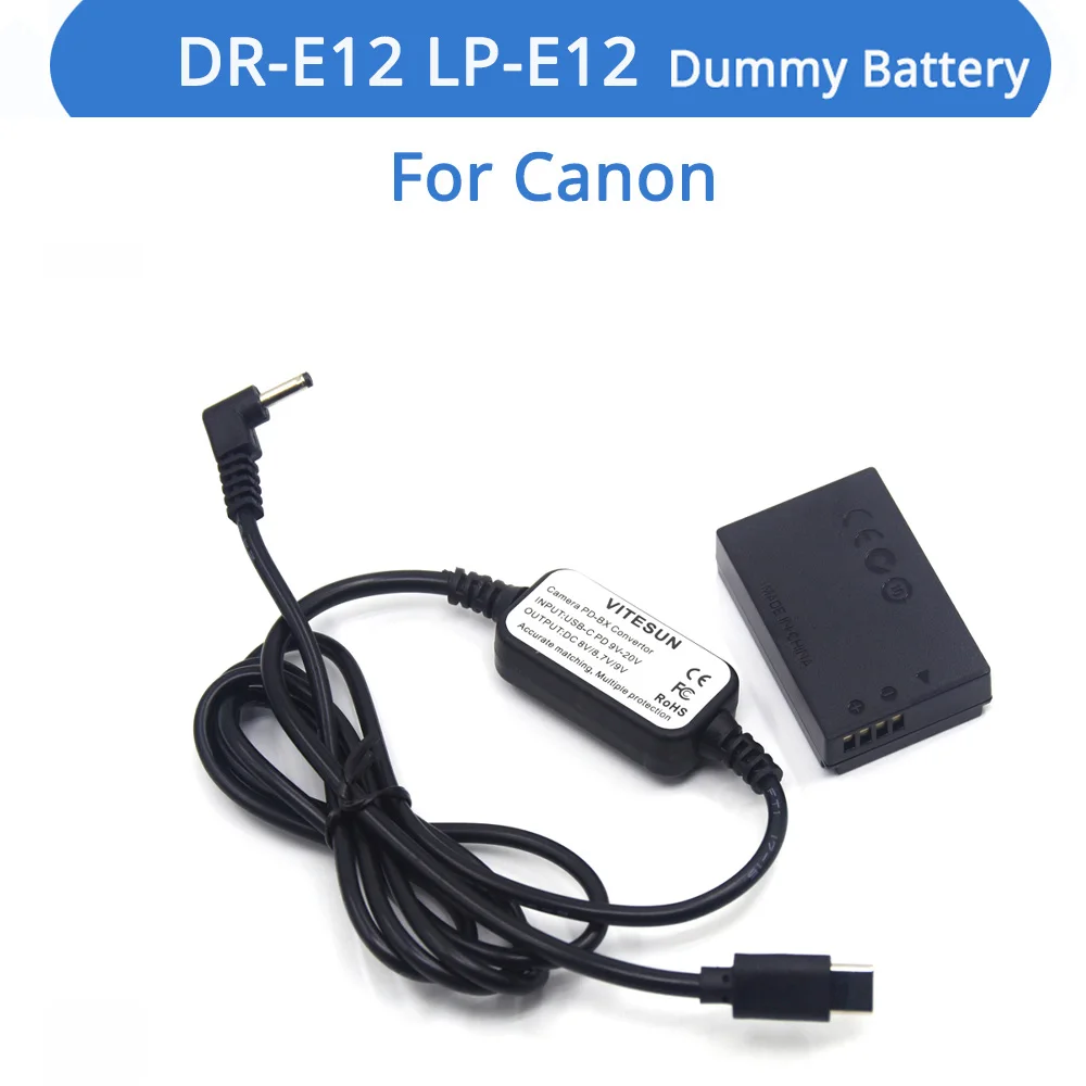 

DR-E12 DC Coupler LP-E12 Dummy Battery USB Type C USB-PD Converter To DC-Cable For Canon EOS M M2 M10 M50 M100 M200