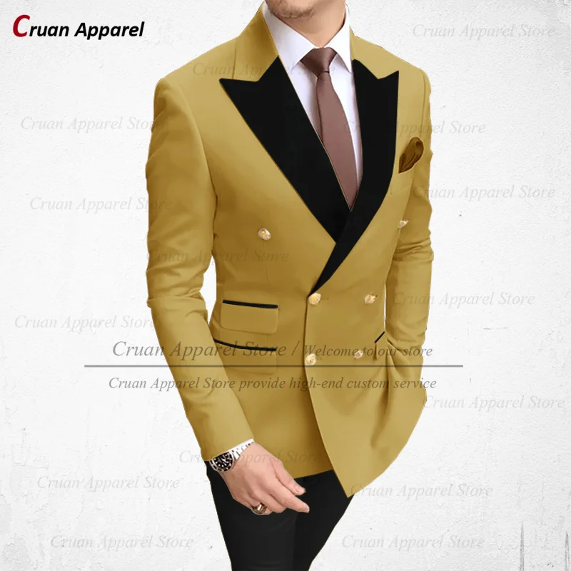 Fashion Brown Men Suits 2 Piece Slim Fit Groomsmen Groom Wedding Tuxedo Double Breasted Black Velvet Lapel Blazer with Pants Set - купить по
