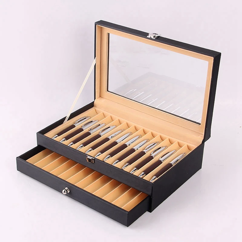 2X 24 Pen Fountain Wood Display Case Holder Wooden Pen Box Storage Collector Organizer Box Black & Wine Red