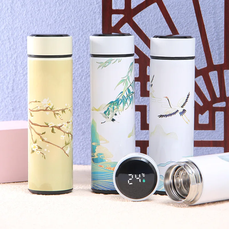 

500ml Stainless Steel Thermos Cup Intelligent Temperature Display Straight Cup Chinoiserie Creative Gift Cup Landscape Painting