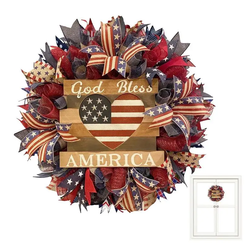 

God Bless America Door Sign Мемориальный день входная дверь венок деревянный знак 40 см красный белый и синий патриотический декор для президентов Da