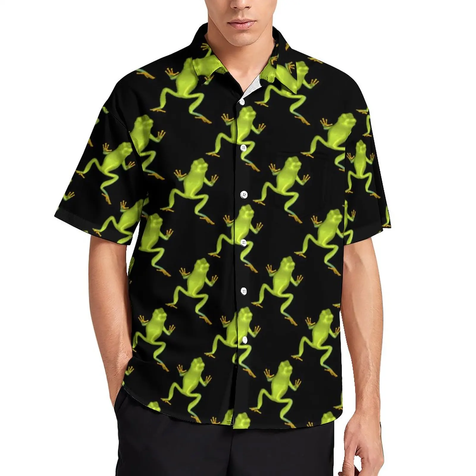

Повседневная гавайская рубашка для мужчин, зеленая лягушка с принтом прыгающая лягушка, стильные блузки большого размера с коротким рукаво...