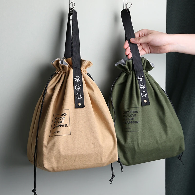 Insulated Bento Bag Adjustable Wide Opening Canvas Drawstring Design Lunch Bag School Lunch Handbag Picnic Accessories 