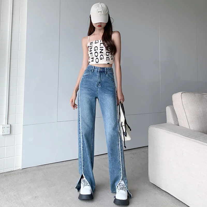 High-waisted slit jeans women's 2022 summer new wide-legged loose and thin micro-trumpet drooping mopping pants