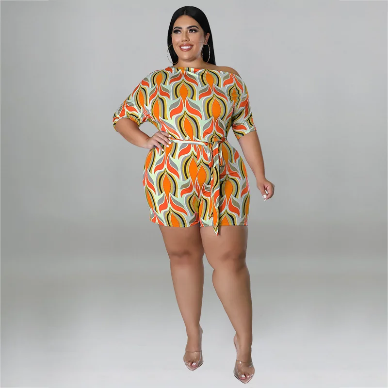 2022  summer new plus size casual shorts jumpsuit sexy fashion slanted shoulder printed jumpsuit  + belt wholesale direct sales