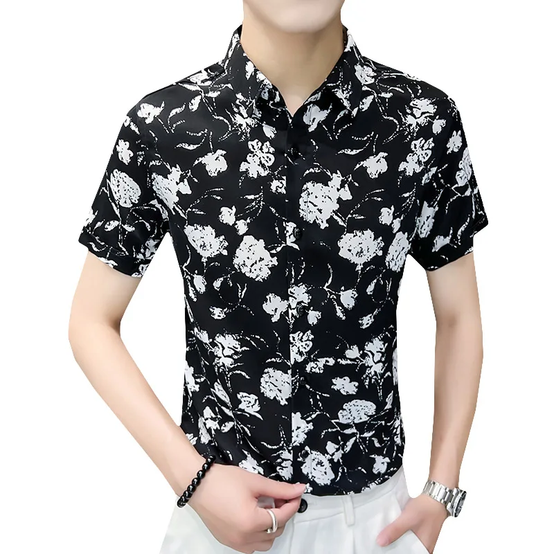 Vintage Flower Shirts Men Summer Short Sleeve Slim Casual Shirt Business Formal Dress Shirts Social Tuxedo Blouse Men Clothing