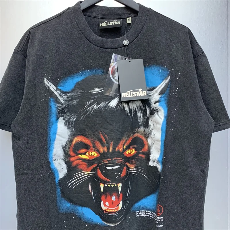 

2024ss Hellstar Studios Black Washed T-Shirts Men Women 1:1 High Quality Wolf Head Oversized T Shirts