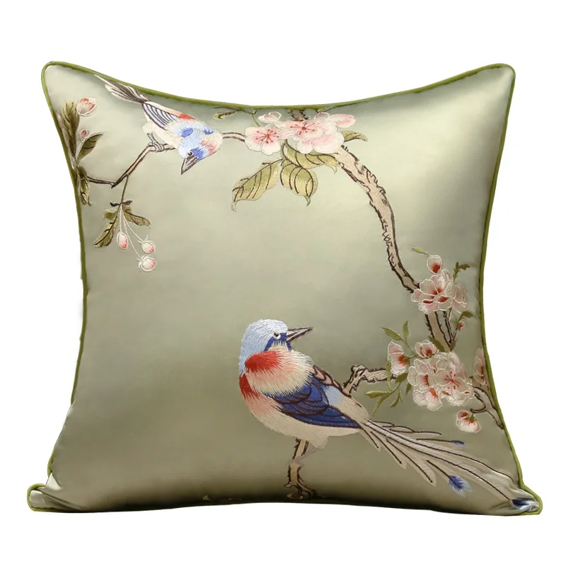 DUNXDECO Cushion Cover Decorative Pillow Case Modern Chinese Traditional Embroidery High Quality Luxury Bird Flora Seat Coussin