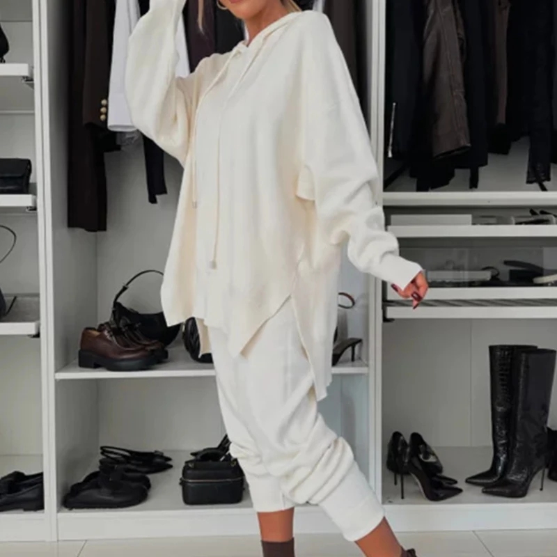 Autumn Winter Women's Hooded Top 2 Piece Set Casual Solid Loose Sports Pants Suit New 2024 Fashion Commuting Sweatshirt Outfits