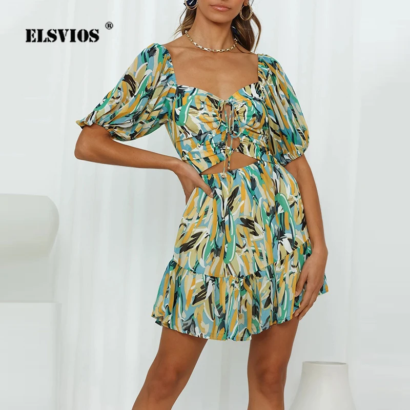 

Платье женское Облегающее с квадратным вырезом, пикантное Элегантное повседневное мини-платье с коротким рукавом и высокой талией, на шнур...