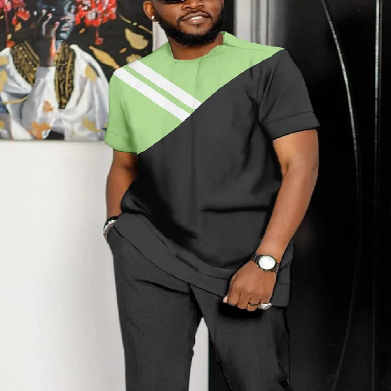 Summer Men Tracksuit Suits Striped sweatshirt T Shirt + Long Pants 2 Piece Set Oversized Trousers Outfit Casual Man Sets Clothes