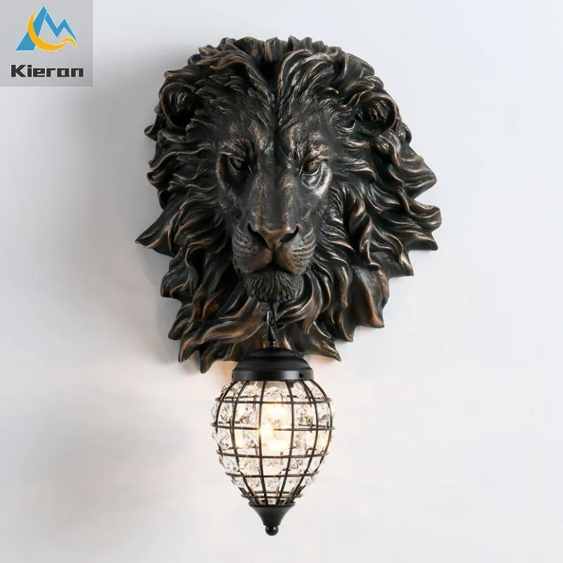 

European Domineering Lion Head Crystal LED Wall Lamp Bedroom Study Bedside Wall Lamps Living Room Decoration Resin Wall Lights