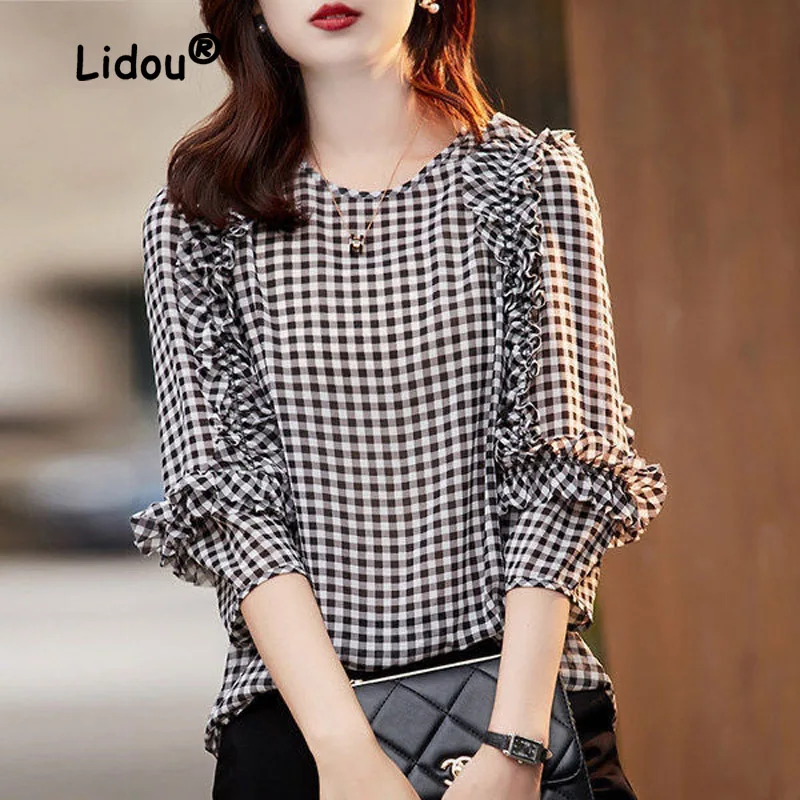 

Office Fashion Autumn Plaid Pattern Loose Blouse Women New High-quality Puff Sleeve Shirring Lady Chiffon Pullover Shirt Top