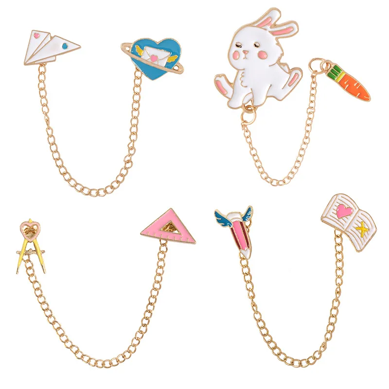 

Cute Rabbit Chain Enamel Brooch Carrot Paper Plane Ruler Envelope Pins Children Cartoon Lapel Badge Metal Jewelry Accessory Gift
