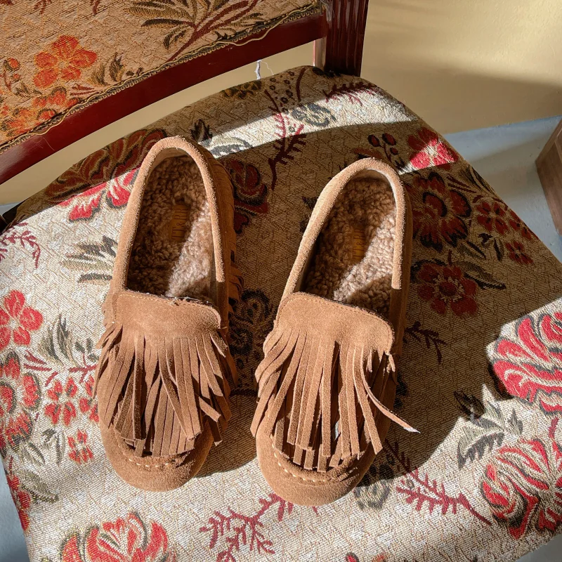 

Flat Women Shoes 2022 New Fashion Suede Shoes Women Solid Color Slip on Footwear Women Tassel Single Shoes Women