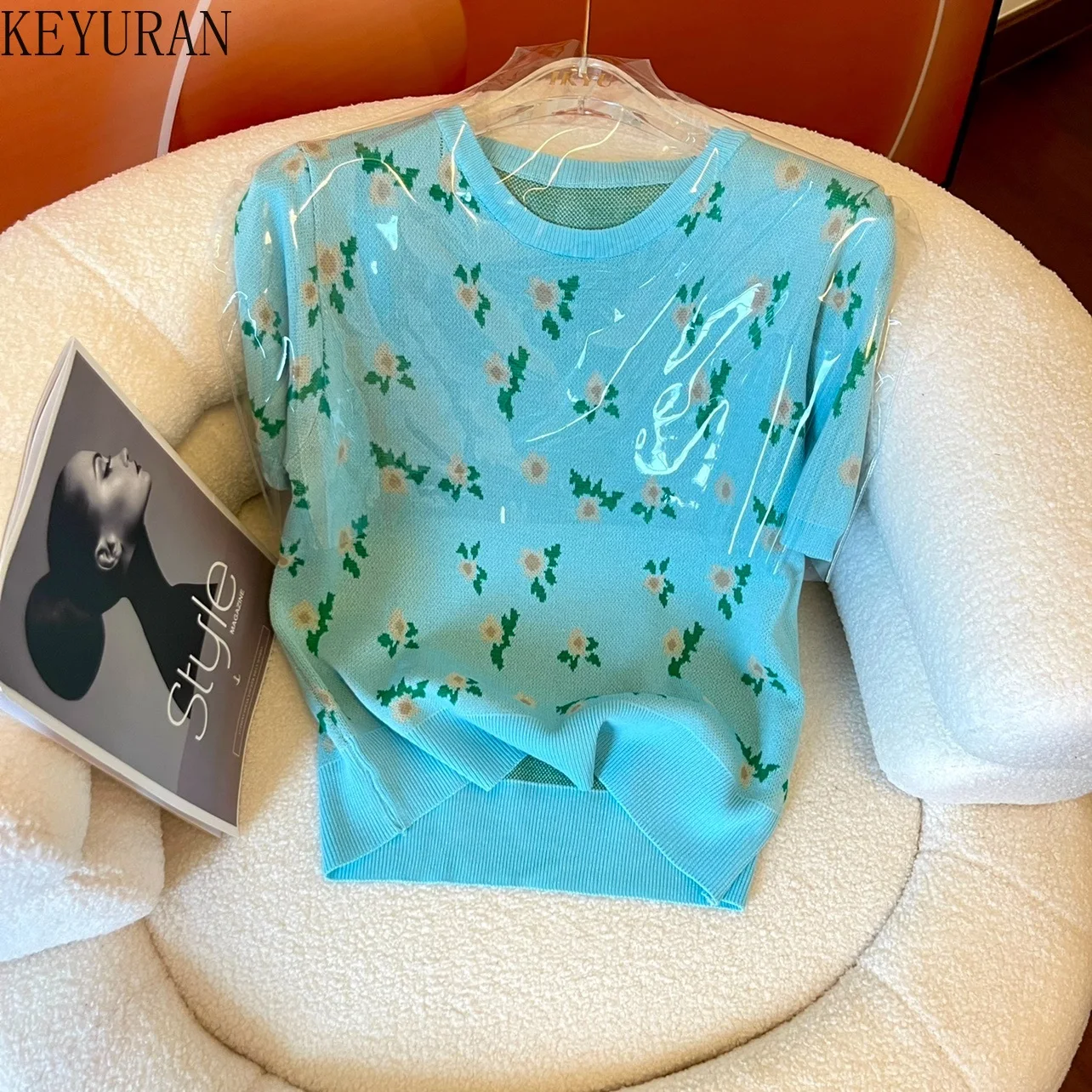 

Sweet Floral Cropped Knitted T Shirt Women 2022 Summer Korean O Neck Short Sleeve Knitwear Tops Casual Loose Tees Femme Shirt