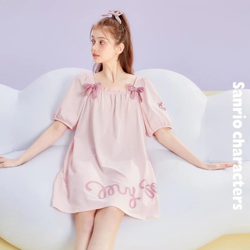 

Sanrios Kuromi My Melody Summer Female Short Sleeve Pajama Skirt Kawaii Cinnamoroll Pochacco Teenager Girls Casual Nightshirt