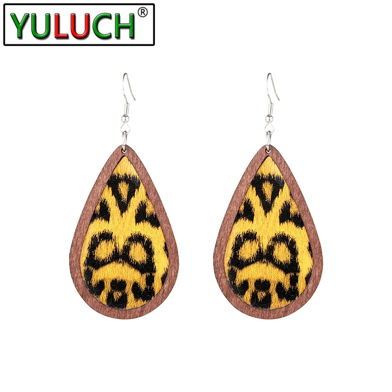 

Europe America Fashion PU Inlay Wood Dangle Earrings Jewelry Women Luxury Leopard Printing Earring Oorbellen Female Aretes Retro