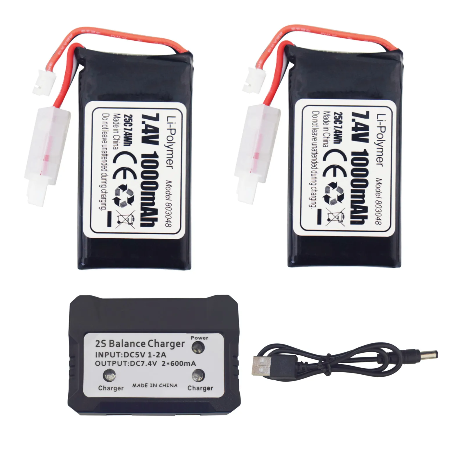 2PCS PH2.0 Plug 7.4V 1000mAh Lithium Battery With 2-In-1 Charger For 1:24 SCX24 RC TRUCK Electric Climbing Car Backup Battery