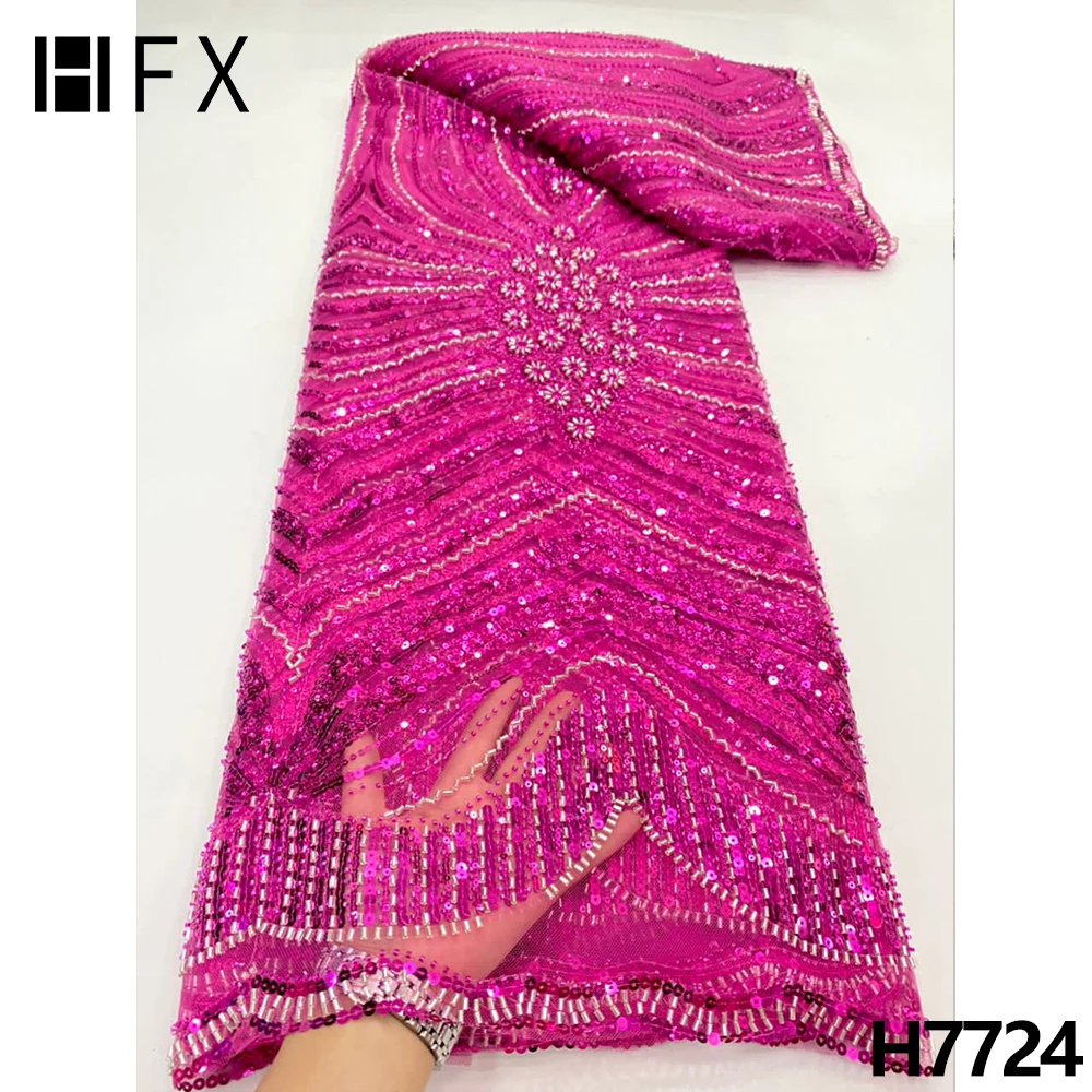 HFX Fushia Rose Red Nigerian Lace Fabric 2022 High Quality Lace Sequins Embroidery Hand Beaded Lace Fabric 5 Yards Wedding F7724