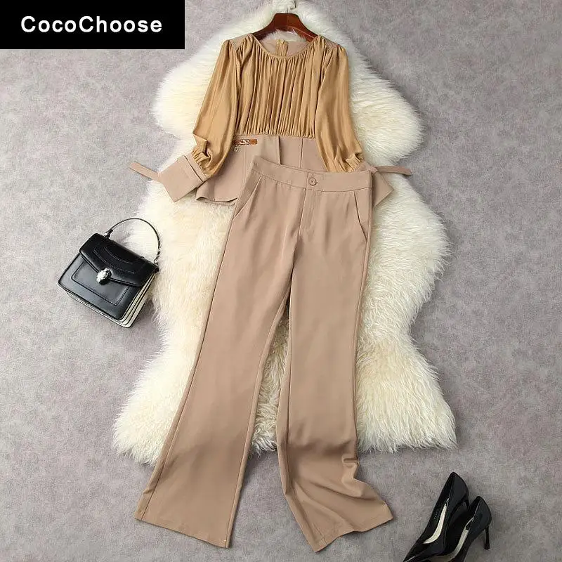

Spring 2022 Fashion Women Trouser Suits Office Elegant Slim Wasit Pleated Blouse Top and Black Pants Sets 2 Piece Outfits Pink