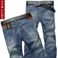 cotton mens jeans hole denim pants brand classic clothes overalls straight trousers for men large size black blue worn slim fit