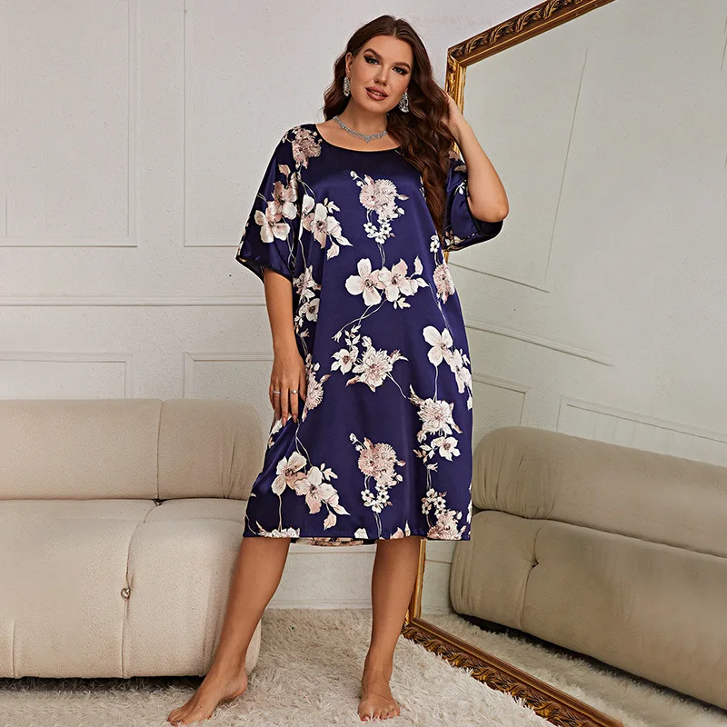 Large Size Pajamas Women's Mid-length Printed Pullover Dress Summer New Home Clothes Silk Ice Silk Nightdress
