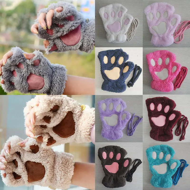 

Cute Women Bear Plush Cat Paw Claw Gloves Half-finger Mitten For Women Girls Winter Faux Fur Gloves New Warm Soft Plush Short