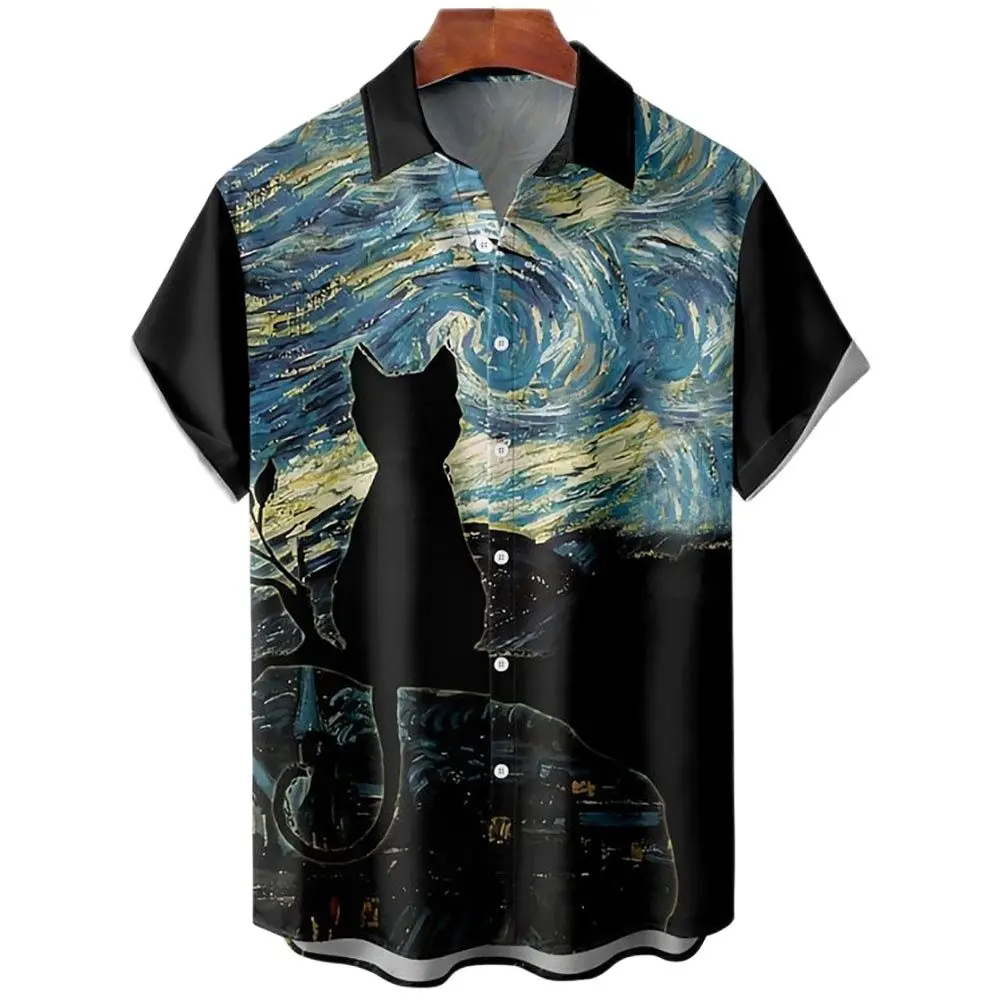 

Siyah Kawaii kediler erkek gömlek moda kadn bluzlar 2022 gömlek Unisex 3d kadn giyim büyük boy yaz hawaii plaj üstleri