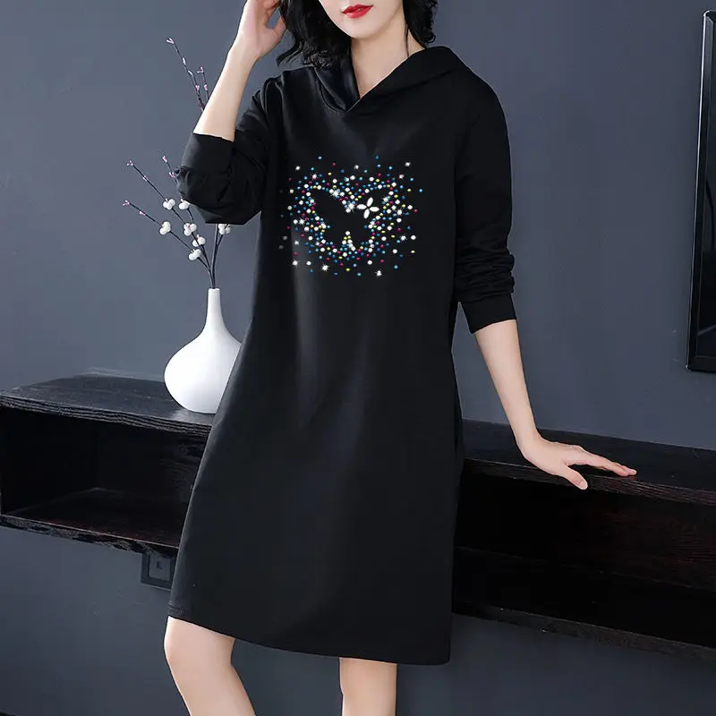 Women's New Fashion Diamonds Spliced Hooded Dress Spring Autumn Loose Casual Solid Color Long Sleeve Dresses Female Clothing