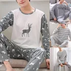 Хлопковый пижамный комплект с длинным рукавом для мужчин, милая мультяшная Мужская одежда для сна с оленем, осенняя теплая Повседневная Домашняя одежда, штаны в клетку, пижамы