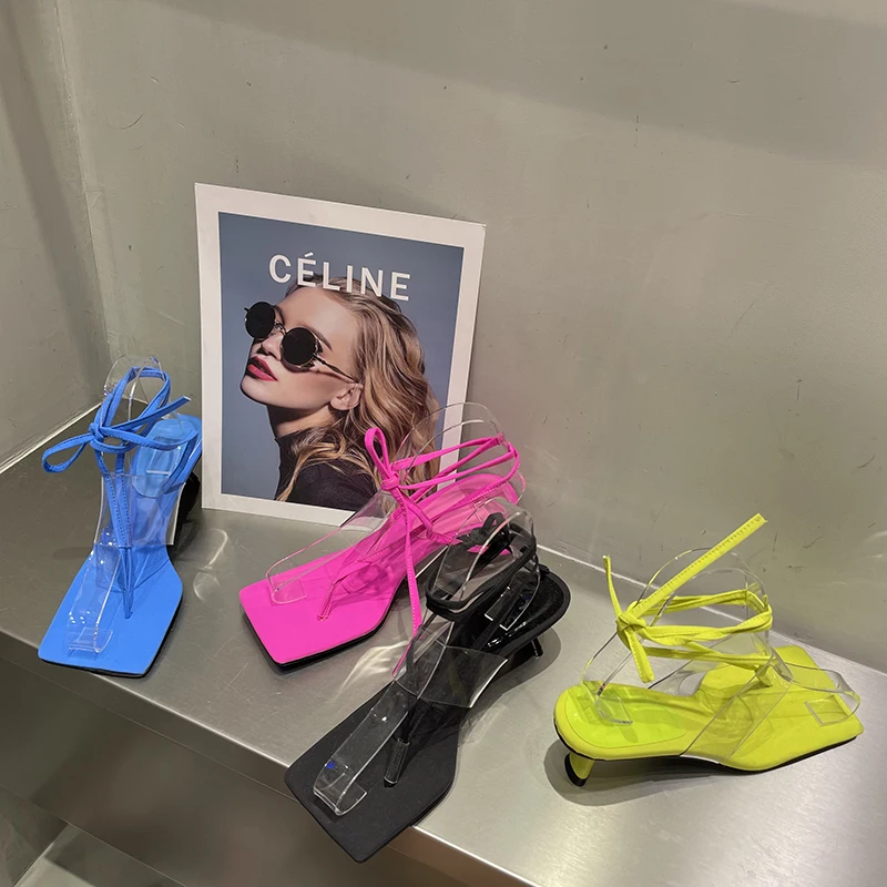 

Fashion Women Sandals 2022 Candy Color Clip Toe Summer Dress Shoes Thin Mid Heels Ankle Strap Lace Up Dress Shoes Woman Size 39
