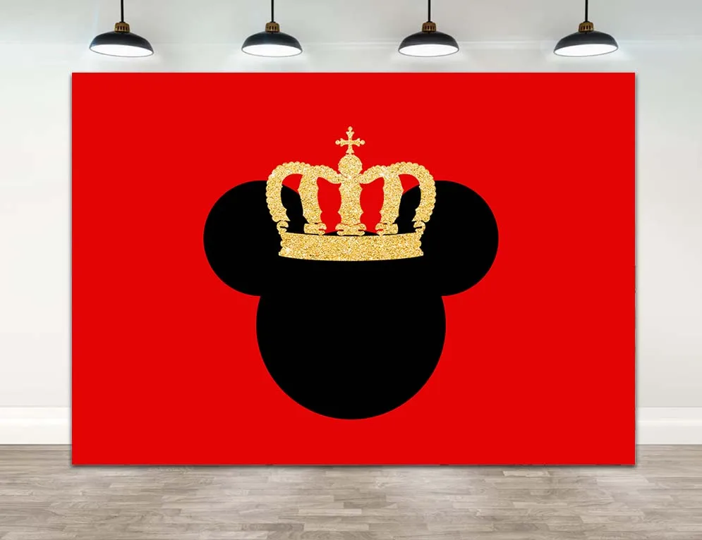 Custom Disney Cartoon Lovely Golden Grown Black Red Mickey Mouse Head Birthday Party Backdrop Photography Backgrounds Props