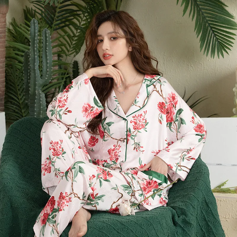 

Casual Spring Floral Printed Satin Long Sleeve Shirt Pants Women Pajamas Sleep Loose Soft Sleepwear Nightwear