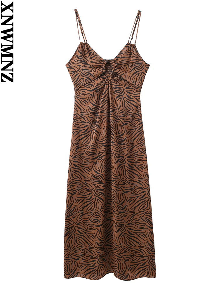 

XNWMNZ Women fashion animal print dress female vintage v-neck thin straps hollow out Summer midi dress women's clothing