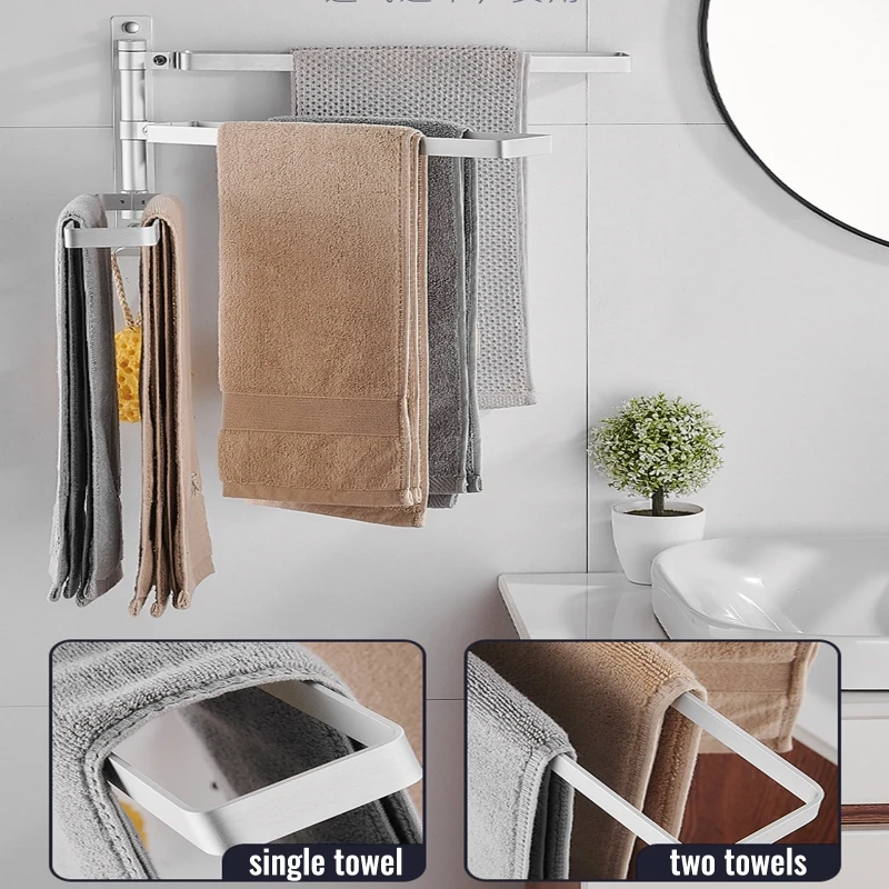 

Wall Hanging Towel Bar Rotatable Towel Holder Kitchen Bathroom Storage Rack Waterproof Metal Organizer Punch-free Y5GB