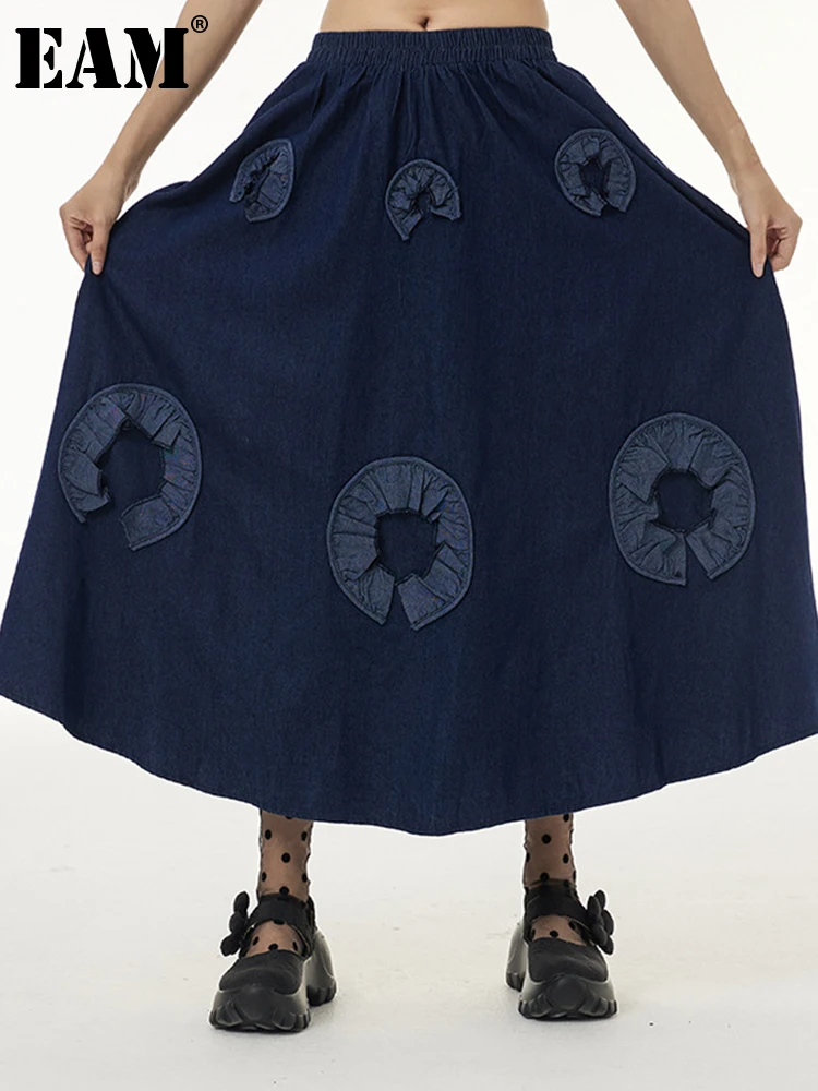 

[EAM] High Elastic Waist Blue Flower Ruffles Denim Long Half-body Skirt Women Fashion Tide New Spring Autumn 2022 1DF1843