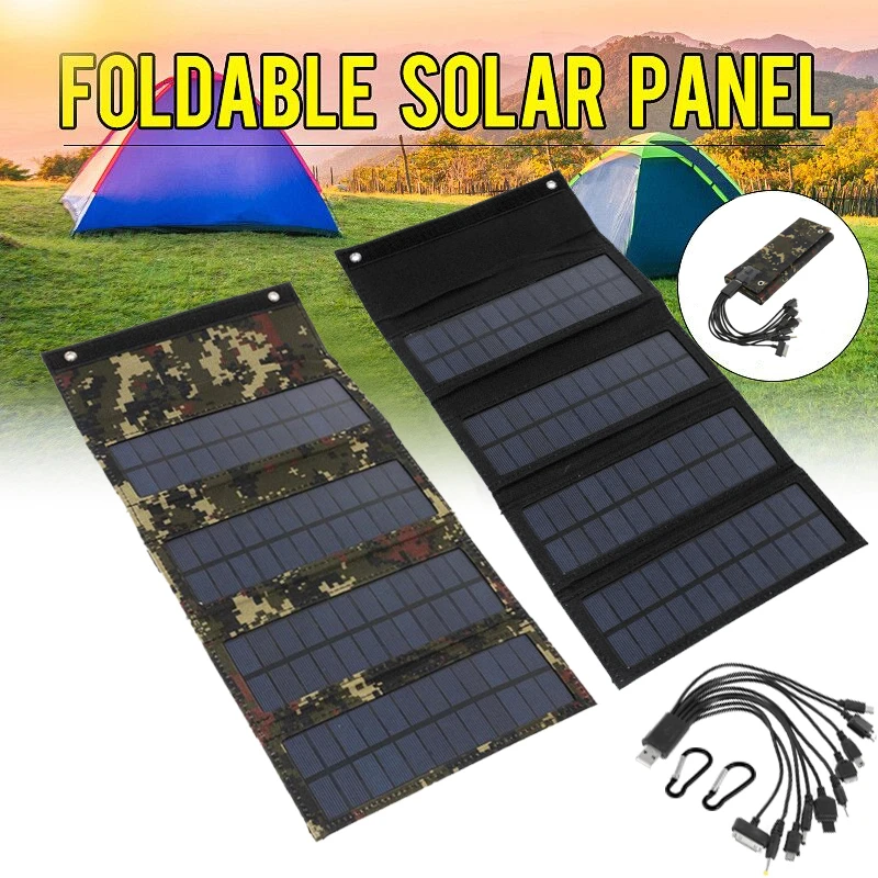

Foldable Solar Panel 50W 5V Sun Power Solar Cells Bank Pack USB 10in1 USB Cable Waterproof for Phone Backpack Camping Hiking