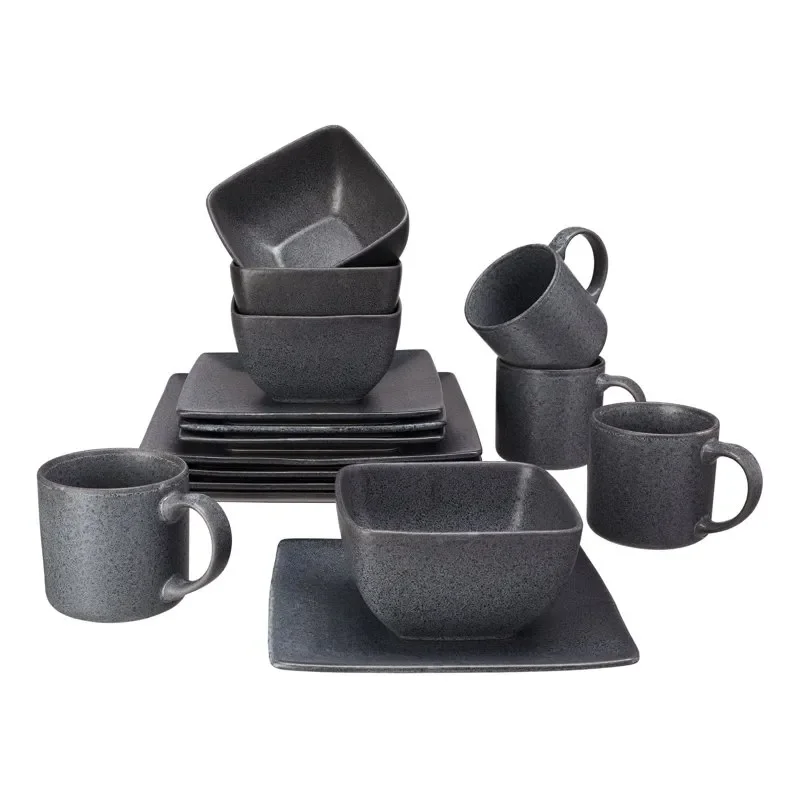 

- Dark Gray Square Stoneware 16-Piece Dinnerware Set