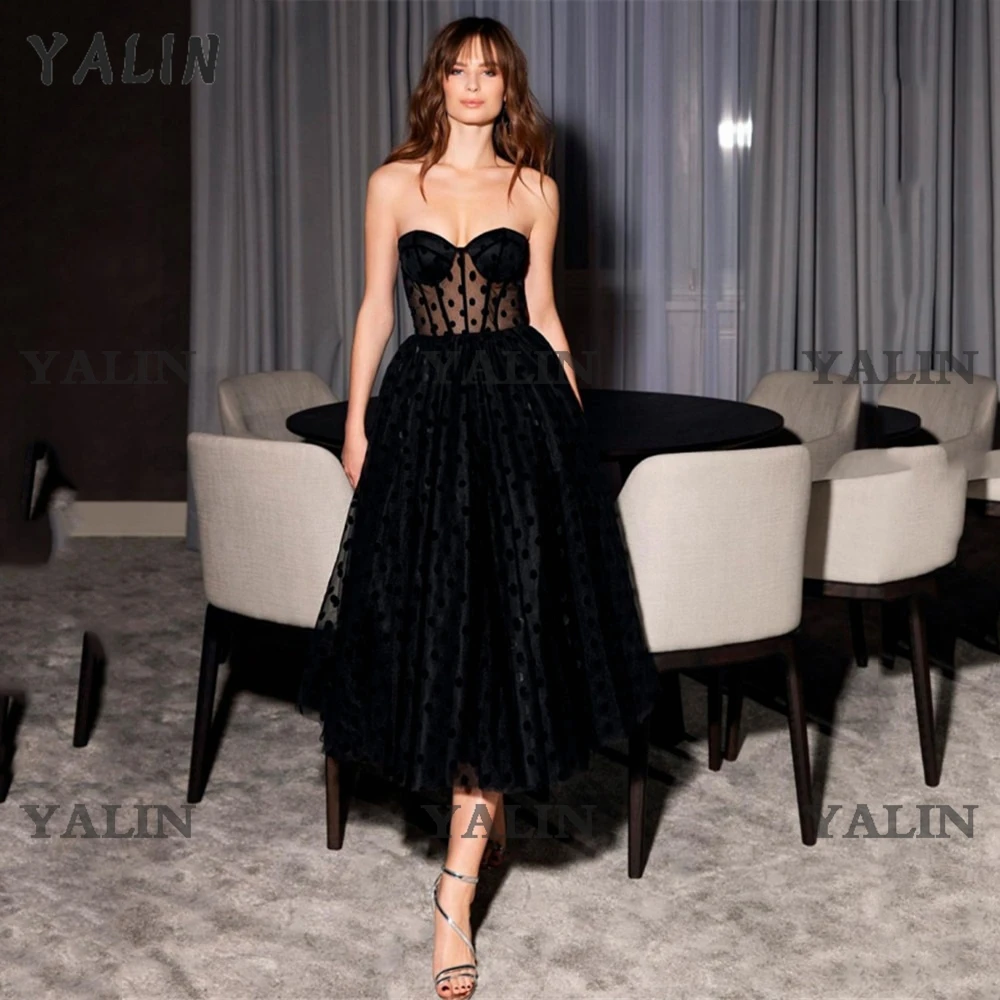 

YALIN Formal Sweetheart Illusion Homecoming Dress Tea-Length Black Polka Dotted Tulle Cocktail Party Dress vestido de formatura