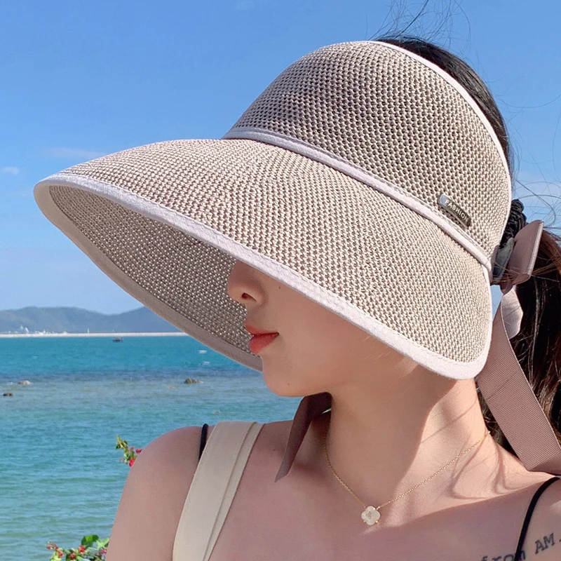 2022 Summer Grid Big Edge Straw Empty Top Hat Female Sun Hat Outdoor Travel Hat Version of Breathable Sunscreen Sun Hat