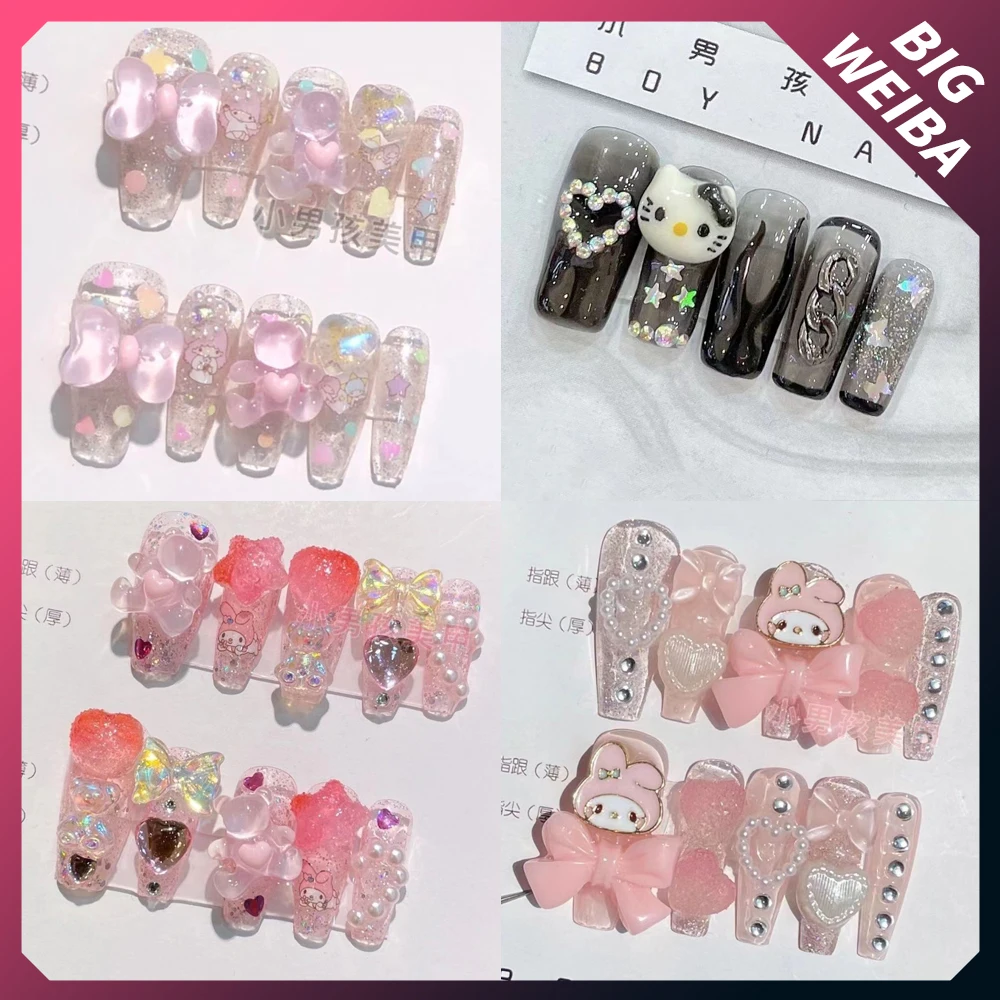 

Накладные ногти Kawaii Sanrios Kuromi Mymelody Hello Kitty съемные длинные гвозди на шпильках Мультяшные аниме полное покрытие накладные ногти