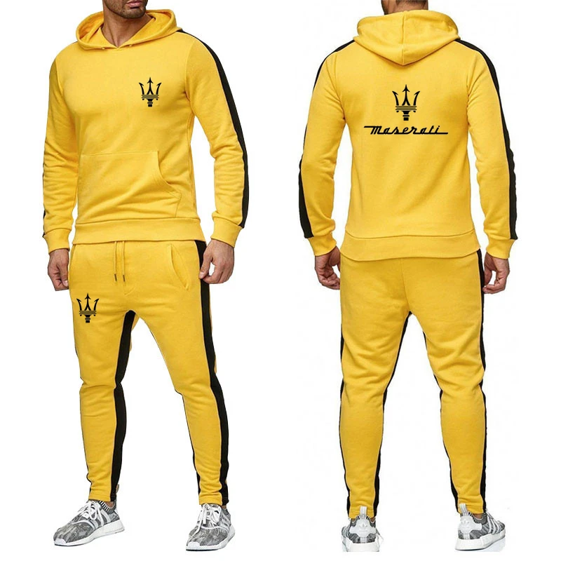 New Maserati Logo Printed Custom Made Brand Solid Color Men Pullover Hoodie+Pants Drawstring Leisure Sportswear Man Suit Trend