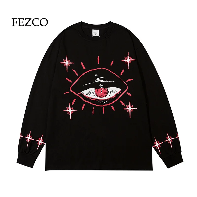

FEZCO Women Oversized Gothic Hip Hop O-neck Shirt Long Sleeved Printed Shirt Harajuku Japanese Fashion Style Y2k Plus Size Tops