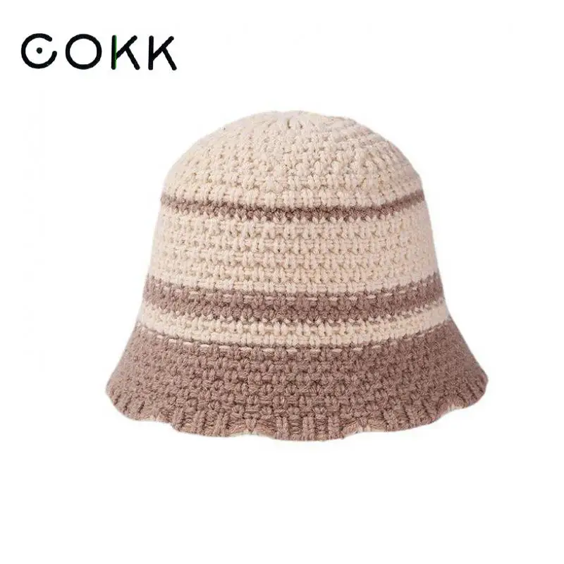 

COKK Knitted Bucket Hat Women Winter Autumn Ear Protection Warm Fisherman Hats For Women Stripe Simple Casual Gorro Cap 2022 New