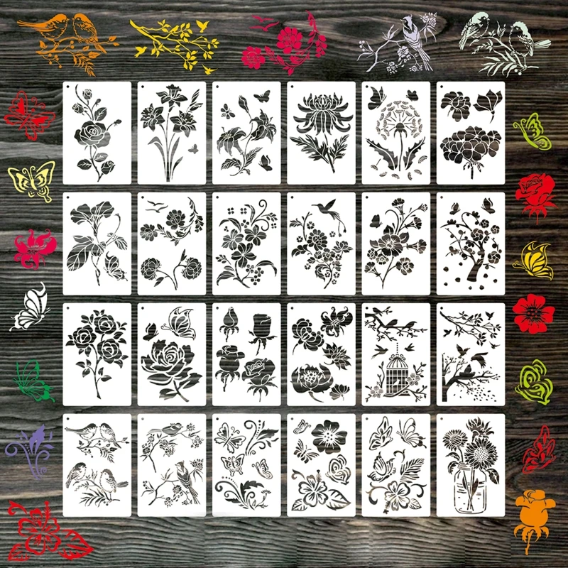 

24Pcs Painting Templates Flower Bird Stencils Art Drawing Stencils for Kids Gift