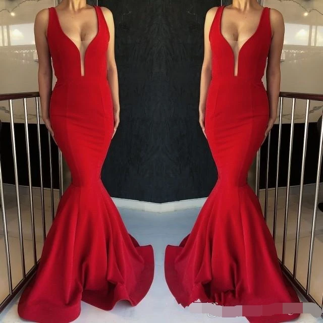 

Red Mermaid Evening Dress 2019 robe de soiree Long Prom dresses On Sale Glamorous False Perspective Deep V Sleeveless Exposed
