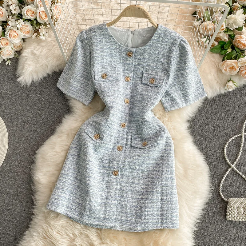 

Women Short Sleeve Temperament Round Collar Small Fragrant Wind Elegant Chic Korea Vintage Single-breasted Tweed Mini Dress